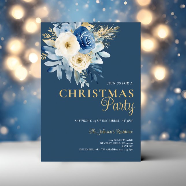Elegant Christmas Party White & Blue Flowers Gold Invitation (Creator Uploaded)