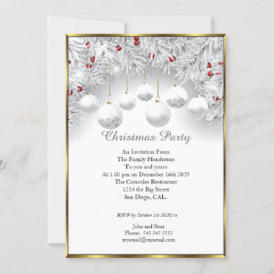 Elegant Christmas party White Snow baubles Invitation