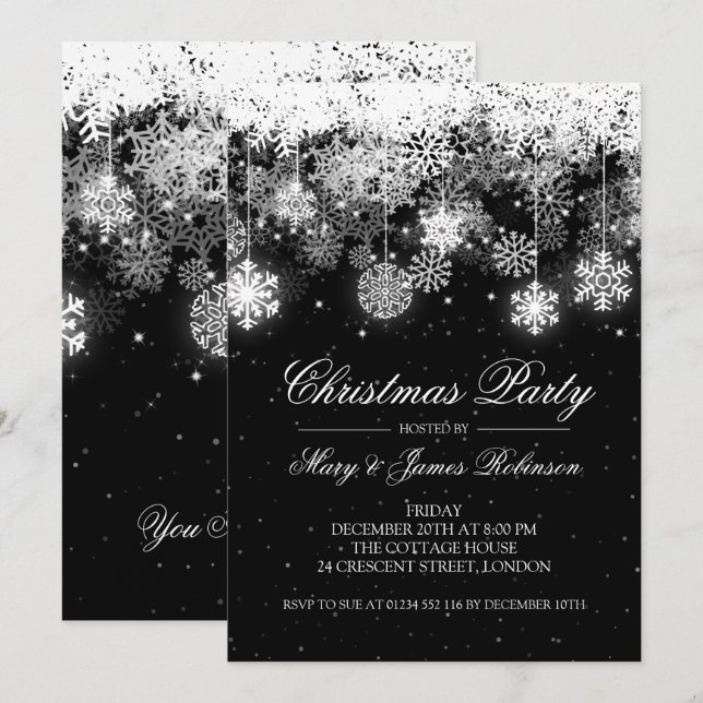 Elegant Christmas Party Winter Ornaments Black Invitation (Front/Back)