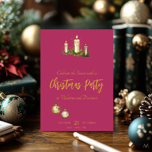 Elegant Christmas Party with Candle Trio on Pink Invitation
