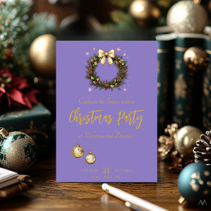 Elegant Christmas Party with Wreath on Purple Invitation