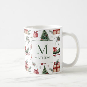 Elegant Christmas Pattern Watercolor Monogram Coffee Mug