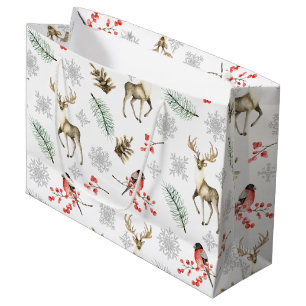 Elegant Christmas Pattern With Deer & Bullfinches Large Gift Bag