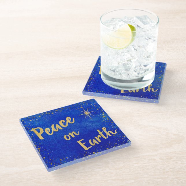 Elegant Christmas Peace On Earth Gold Stars  Glass Coaster (Angled)