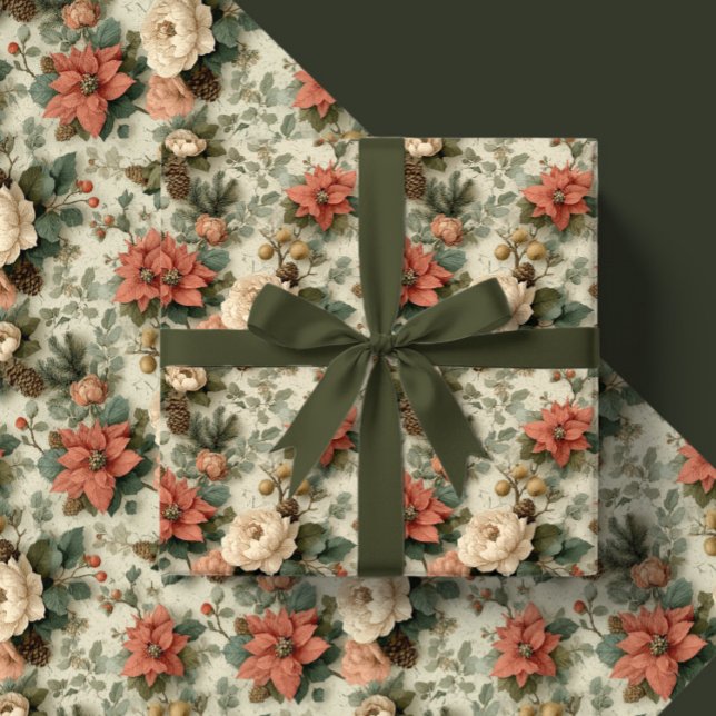 Elegant Christmas Peach and Cream Floral Gift Wrapping Paper (Creator Uploaded)