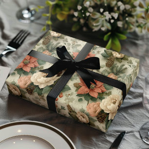 Elegant Christmas Peach and Cream Floral Gift Wrapping Paper Sheet