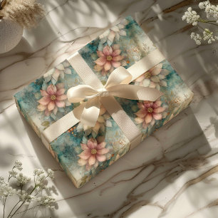 Elegant Christmas Peach and Sage Green Floral  Wrapping Paper