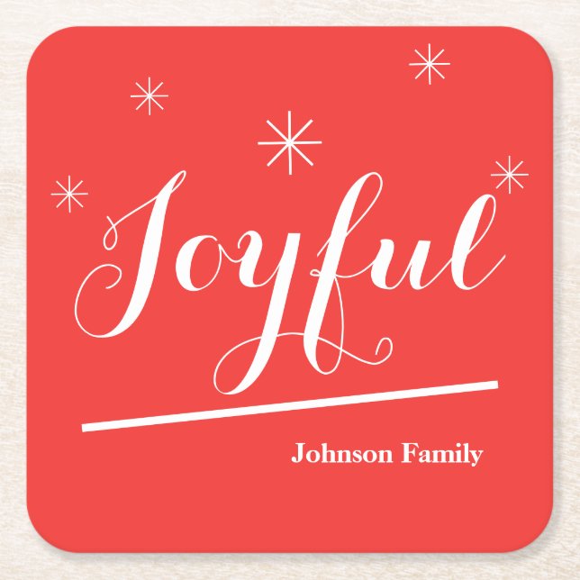 Elegant Christmas Personalised Name Joyful Red  Square Paper Coaster (Front)