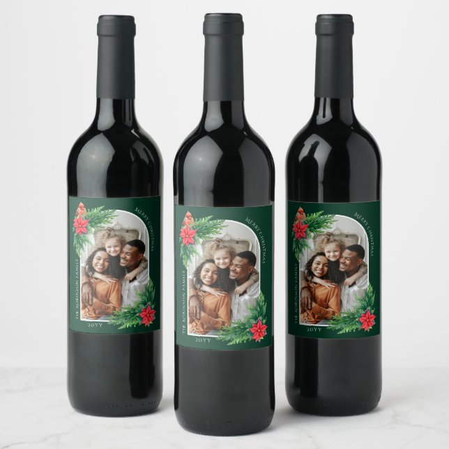 Elegant Christmas Photo Card Winter Greenery Wine Label (Bottles)