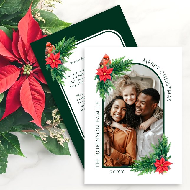 Elegant Christmas Photo Card with Message on Back (Elegant Christmas holiday photo card front and back view, with red cardinal and poinsettia.)