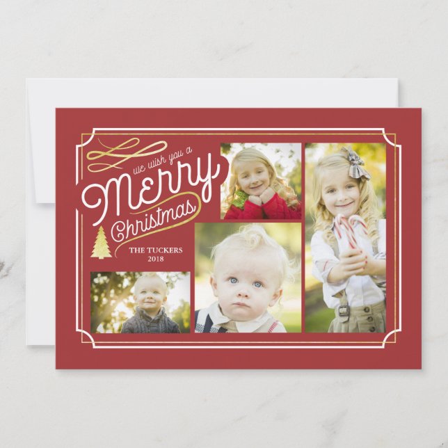 Elegant Christmas Photo Collage in Red and Gold Holiday Card (Front)