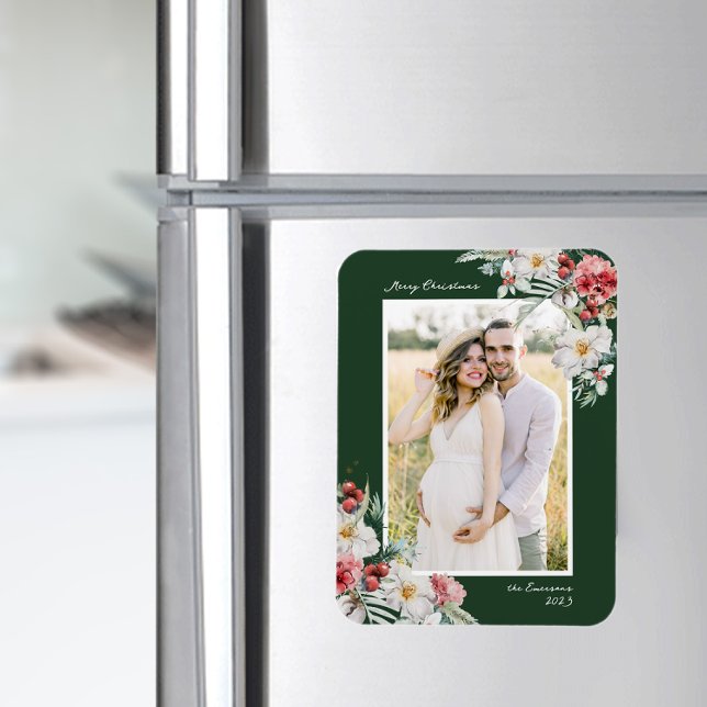 Elegant Christmas Photo Magnet (Elegant Green Photo Merry Christmas Holiday Card Watercolor Botanical Floral Berries)