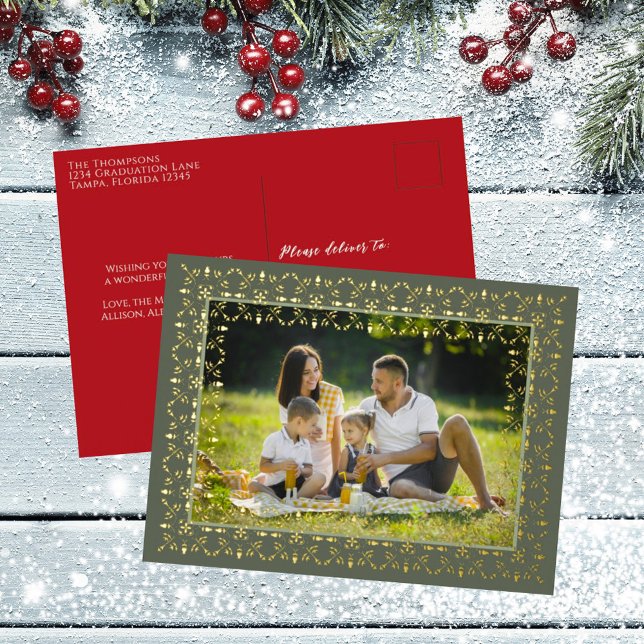Elegant Christmas Photo Snowflake Pattern Foil Holiday Postcard (Creator Uploaded)