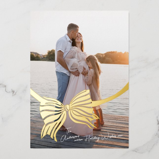 Elegant Christmas Photo Tied With Gold Bow Foil Holiday Card (Front)
