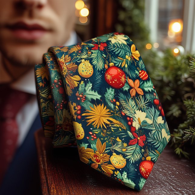 Elegant Christmas Pine and Poinsettia Botanical Tie (Creator Uploaded)