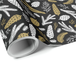 Elegant Christmas Pine Cone Black and Gold Wrapping Paper