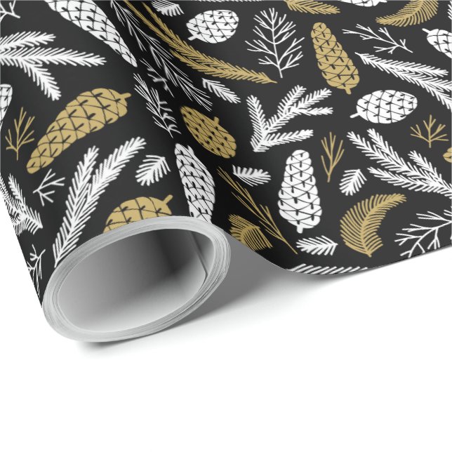 Elegant Christmas Pine Cone Black and Gold Wrapping Paper (Roll Corner)