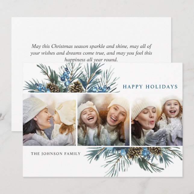 Elegant Christmas Pine Cones 3 Photo Greeting Holiday Card (Front/Back)