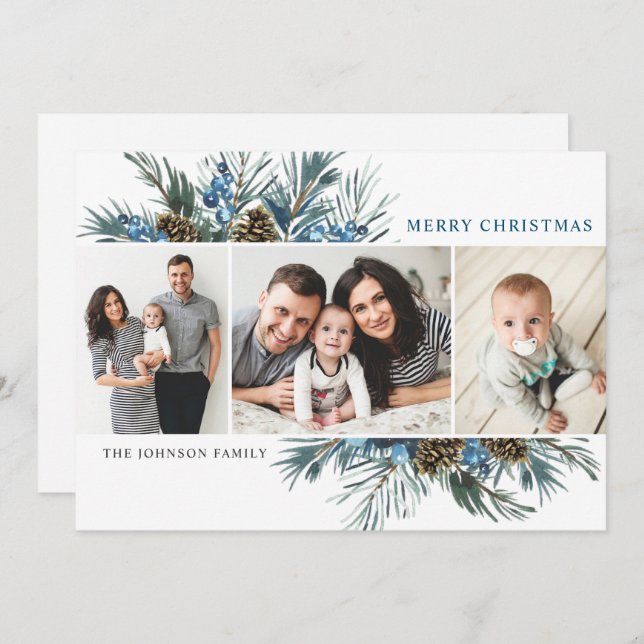 Elegant Christmas Pine Cones 3 Photo Greeting Holiday Card (Front/Back)