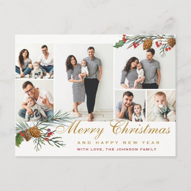 Elegant Christmas  Pine Cones 6 Photo Greeting Postcard (Front)