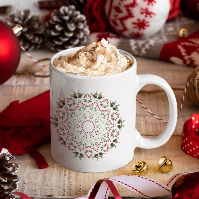 Elegant Christmas Pinecone Greenery Holiday Coffee Mug (Simple red and green circle mandala design. )