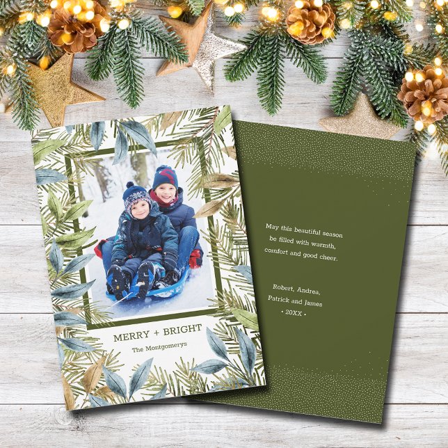 Elegant Christmas Pines Photo Holiday Card (Elegant Christmas pines and leaves photo holiday cards, PRINTED and/or INSTANT DOWNLOAD)