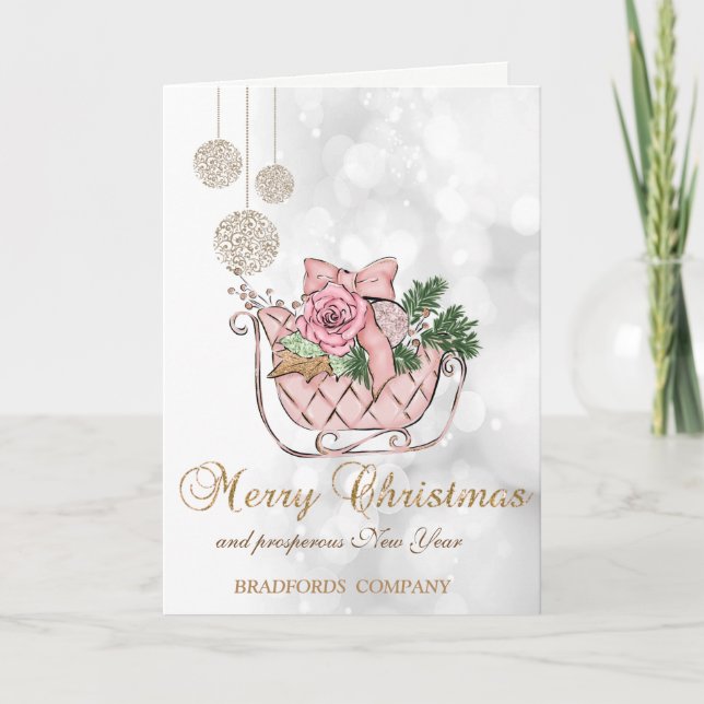Elegant Christmas Pink Sleigh,Bokeh Company  Holiday Card (Front)