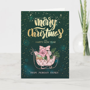 Elegant Christmas Pink Sleigh Green  Holiday Card