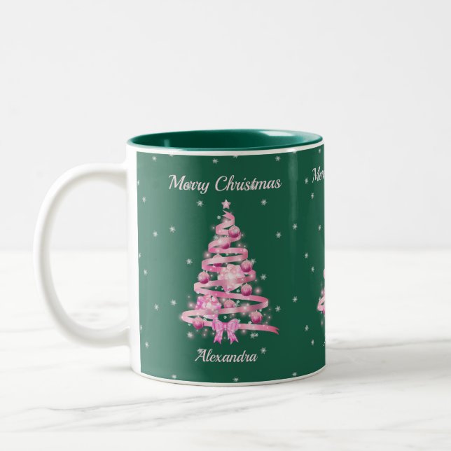 Elegant Christmas Pink Tree Custom Name Green Two-Tone Coffee Mug (Left)