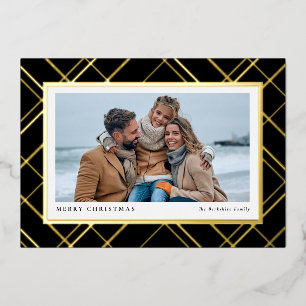 Elegant Christmas plaid black gold one photo Foil Holiday Card