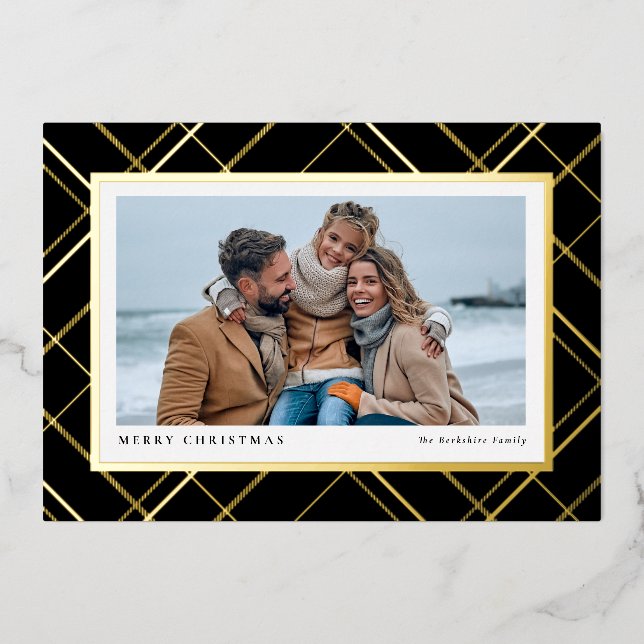 Elegant Christmas plaid black gold one photo Foil Holiday Card (Front)