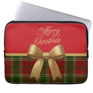 Elegant Christmas Plaid Collection with Gold Bow Laptop Sleeve