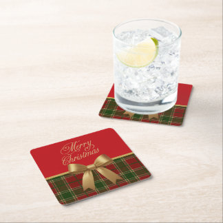 Elegant Christmas Plaid Collection with Gold Bow Square Paper Coaster