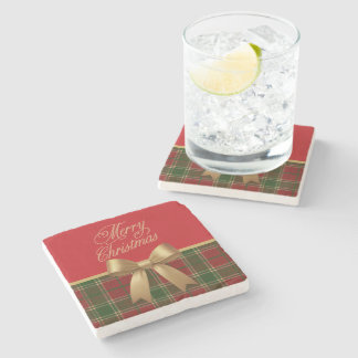 Elegant Christmas Plaid Collection with Gold Bow Stone Coaster