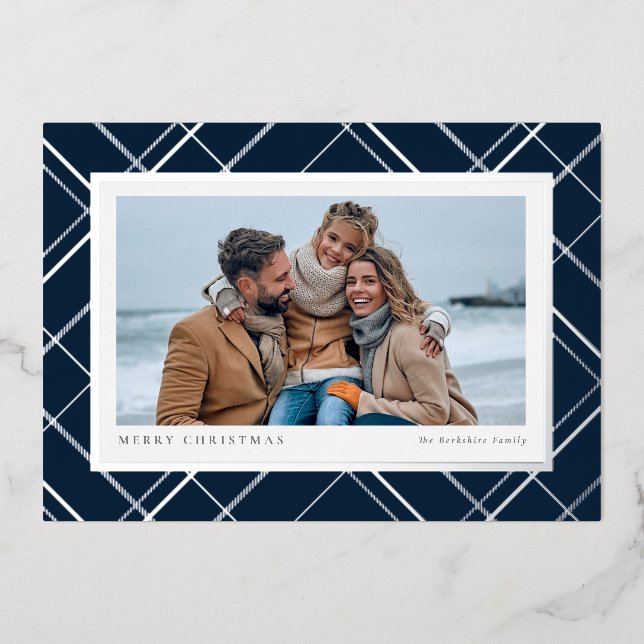 Elegant Christmas plaid navy blue one photo Foil Holiday Card (Front)