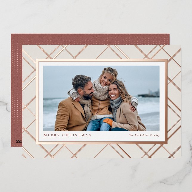 Elegant Christmas plaid rose gold one photo family Foil Holiday Card (Front/Back)