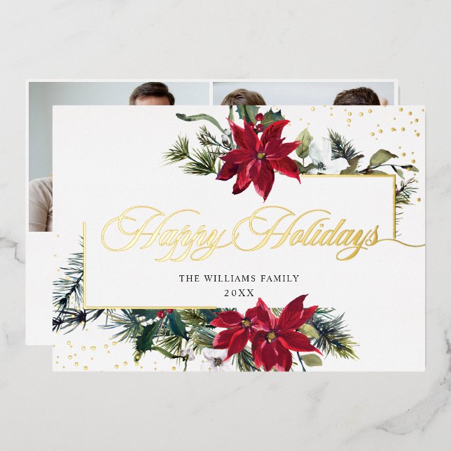 Elegant Christmas Poinsettia 2 Photo Gold Foil Holiday Card (Front/Back)