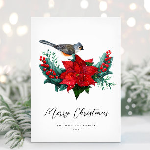 Elegant Christmas Poinsettia Bird Non-Photo Holiday Card