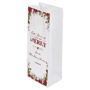 Elegant Christmas Poinsettia Eat Drink & be Merry Wine Gift Bag