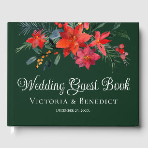 Elegant Christmas Poinsettia Floral Green Wedding Guest Book