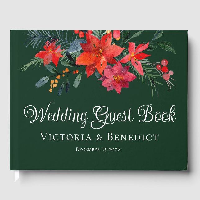 Elegant Christmas Poinsettia Floral Green Wedding Guest Book (Front)