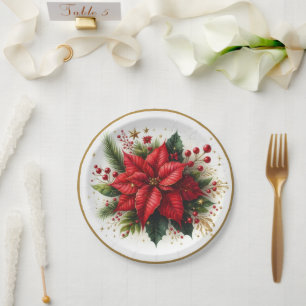 Elegant Christmas Poinsettia Floral Paper Plate