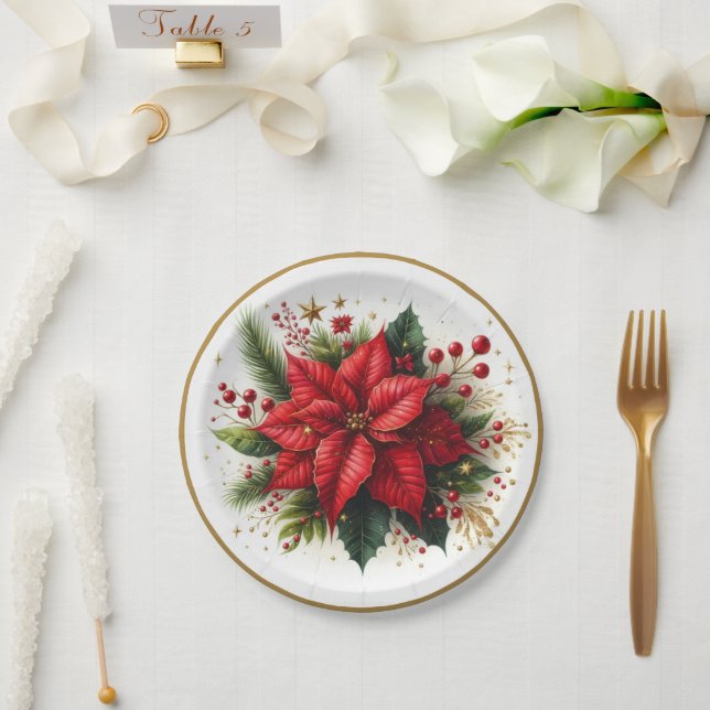 Elegant Christmas Poinsettia Floral Paper Plate (Wedding)