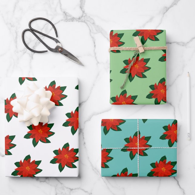 Elegant Christmas poinsettia flower floral pattern Wrapping Paper Sheet (Front)