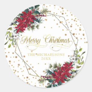 Elegant Christmas Poinsettia Gold Confetti Classic Round Sticker