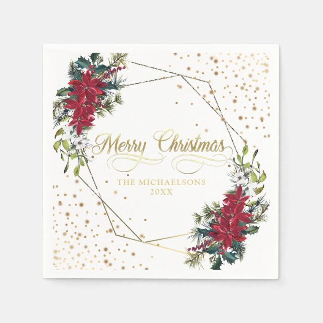 Elegant Christmas Poinsettia Gold Confetti Napkin (Front)