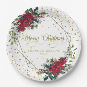 Elegant Christmas Poinsettia Gold Confetti Paper Plate