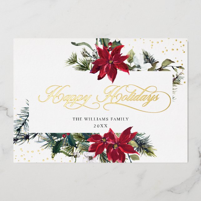 Elegant Christmas Poinsettia Gold Foil Holiday Card (Front)