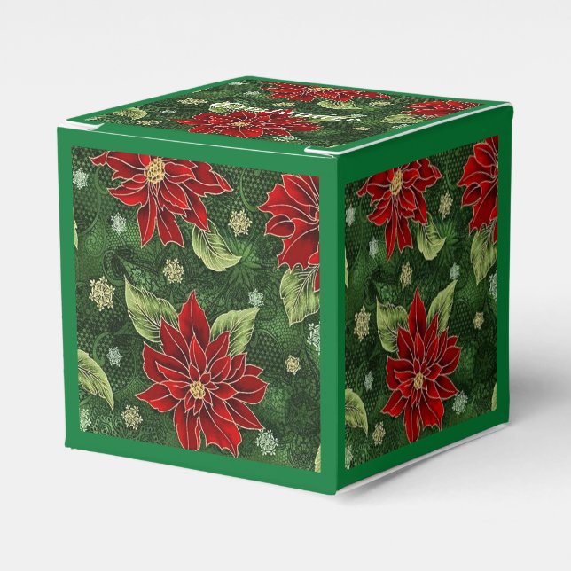 Elegant Christmas Poinsettia Green Cube Favour Box (Front Side)