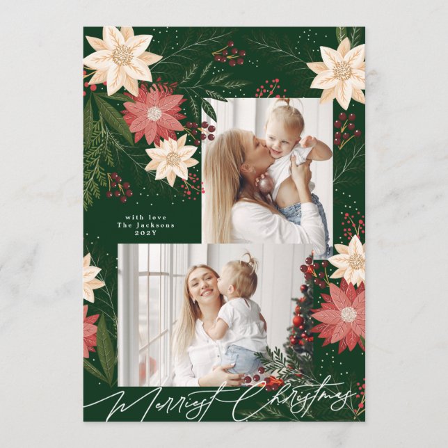 Elegant Christmas Poinsettia Green Photo Holiday Card (Front)
